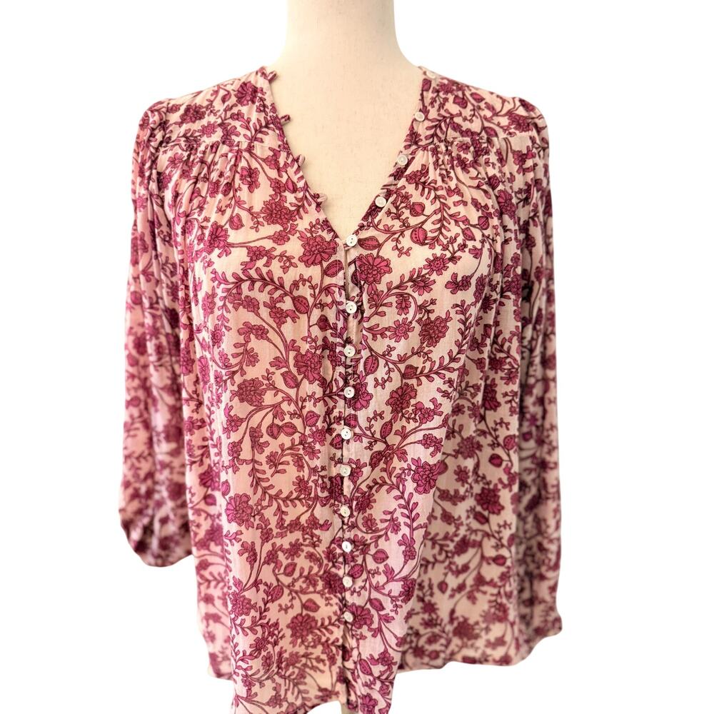 Sundry Floral Cotton Button Front Blouse Pink Burgundy Size 1